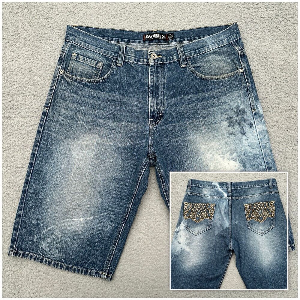 Vintage Avirex Denim Jean Shorts Men's‎ 38 Baggy Embroidered Skater Grunge Y2K